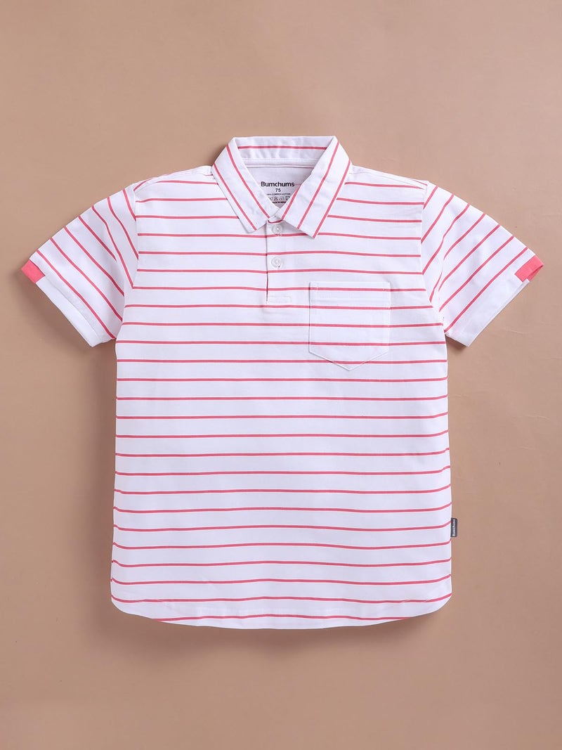 Bumchums Boys Cotton Casual Regular Fit Polo Half Sleeve T-Shirt Striped Printed (B-1104_Pink & White 10 Years) - Image 2