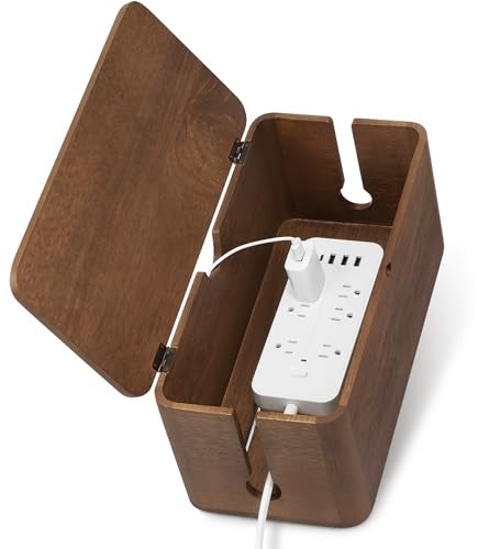 ZhiYo Wood Cable Management Box, Large Cord Organizer Box for Power Strip, Extension Cord Hider for Office, Desk Cable Storage Box for Wire Management, Floor Outlet Hider, 14.2" L × 6.7" W × 6.3" H - Image 1