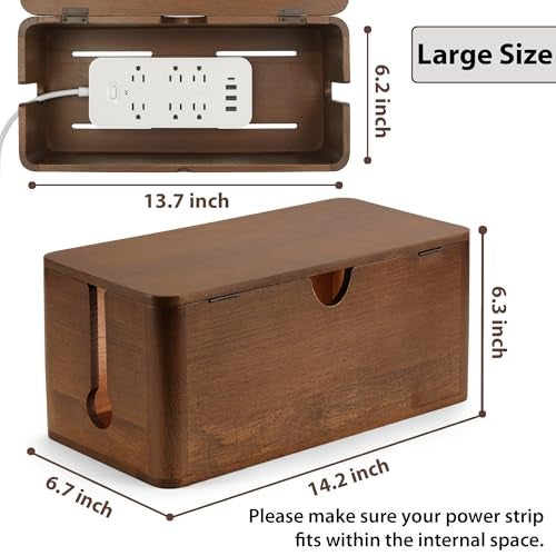 ZhiYo Wood Cable Management Box, Large Cord Organizer Box for Power Strip, Extension Cord Hider for Office, Desk Cable Storage Box for Wire Management, Floor Outlet Hider, 14.2" L × 6.7" W × 6.3" H - Image 2