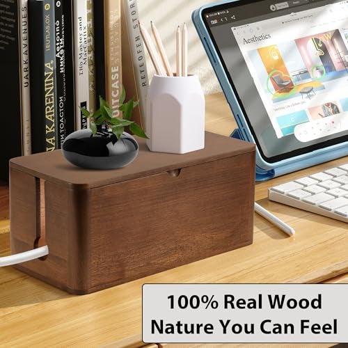 ZhiYo Wood Cable Management Box, Large Cord Organizer Box for Power Strip, Extension Cord Hider for Office, Desk Cable Storage Box for Wire Management, Floor Outlet Hider, 14.2" L × 6.7" W × 6.3" H - Image 3