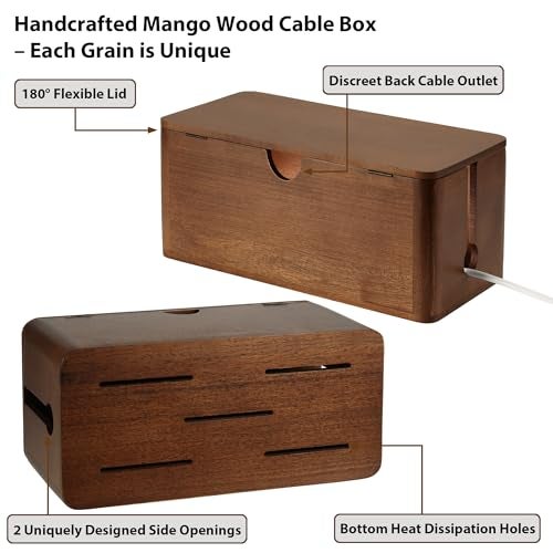 ZhiYo Wood Cable Management Box, Large Cord Organizer Box for Power Strip, Extension Cord Hider for Office, Desk Cable Storage Box for Wire Management, Floor Outlet Hider, 14.2" L × 6.7" W × 6.3" H - Image 4