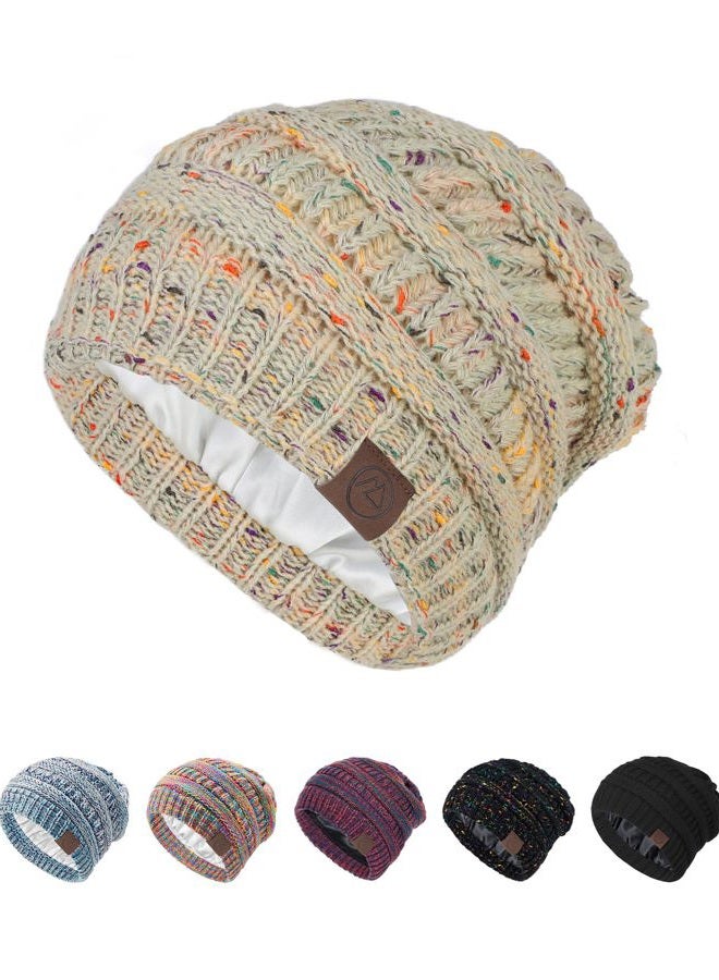 Durio Winter Hats for Women Men Soft Satin Lined Beanie for Women Knit Silk Lined Beanie Hat Slouchy Beanie Fashionable Beige Mix One Size - Image 1