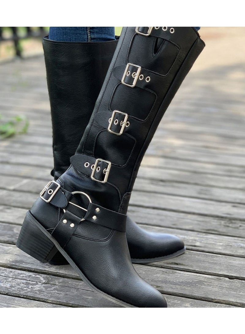 NIBEMINENT Women's Solid Color Boots, Slip On Point Toe Chunky Heel Buckle Decor Western Mid Calf Shoes, Versatile Cowboy Shoes  - Image 1
