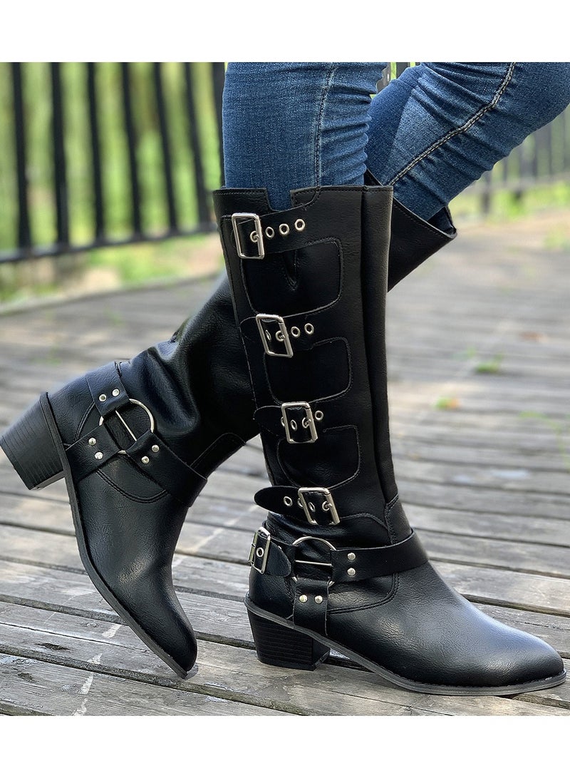 NIBEMINENT Women's Solid Color Boots, Slip On Point Toe Chunky Heel Buckle Decor Western Mid Calf Shoes, Versatile Cowboy Shoes  - Image 2