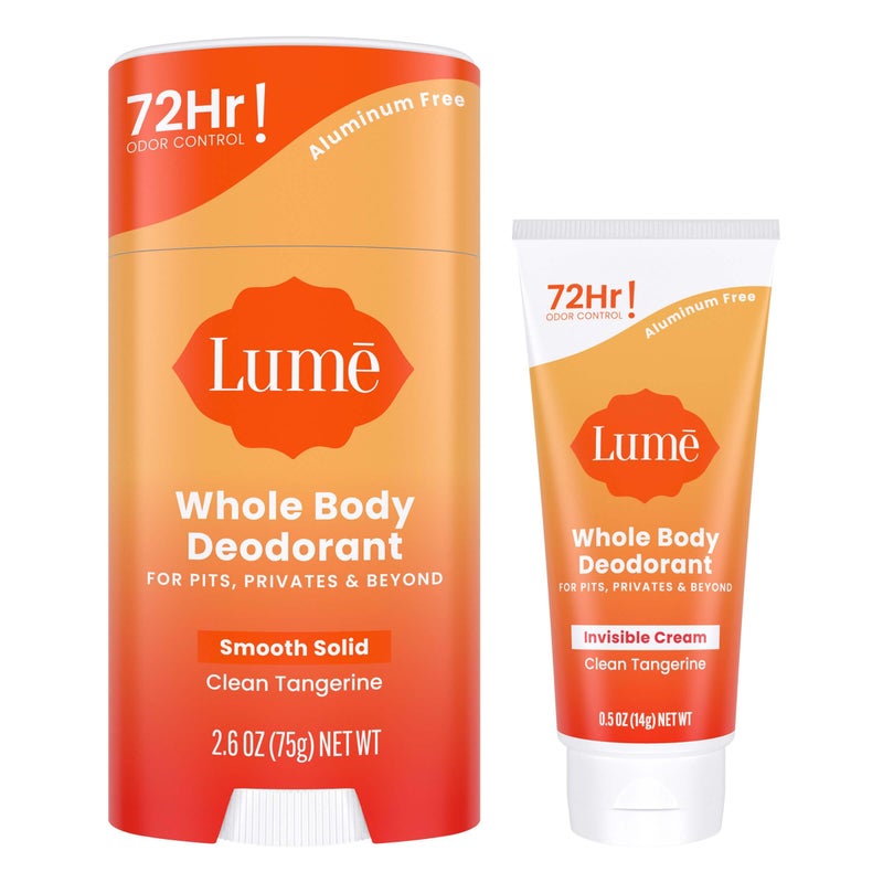 Lume Whole Body Deodorant – Invisible Mini Cream Tube + Solid Bar Pack – 72 Hour Odor Control – Aluminum and Baking Soda Free, Skin Lover (Clean Tangerine