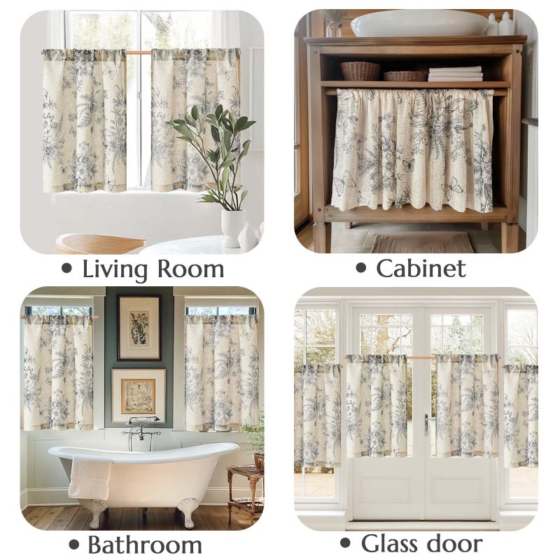 jinchan Half Window Curtains Small Drapes for Kitchen 36 Inch Rustic Floral Tier Curtains Farmhouse Butterfly Cafe Small Window Treatment for Dining Room Bathroom 2 Panels Black on Beige - Image 4