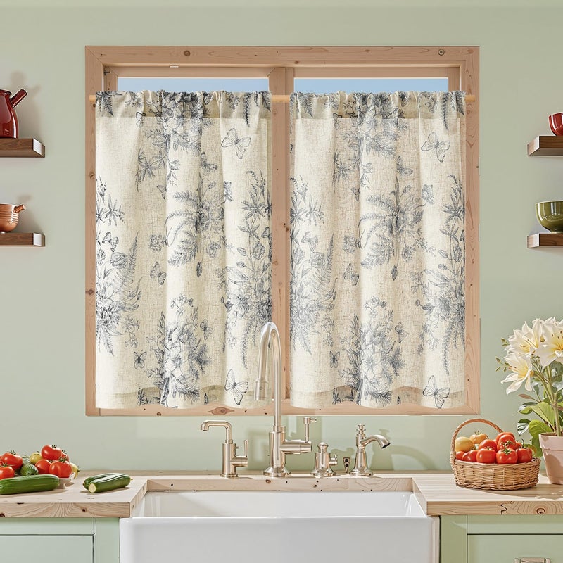 jinchan Half Window Curtains Small Drapes for Kitchen 36 Inch Rustic Floral Tier Curtains Farmhouse Butterfly Cafe Small Window Treatment for Dining Room Bathroom 2 Panels Black on Beige - Image 1