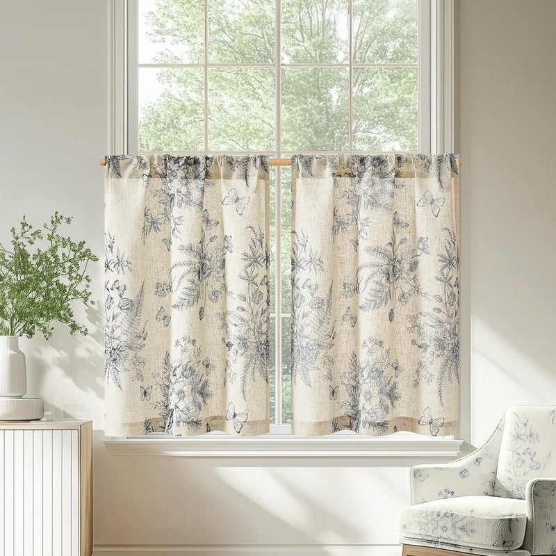 jinchan Half Window Curtains Small Drapes for Kitchen 36 Inch Rustic Floral Tier Curtains Farmhouse Butterfly Cafe Small Window Treatment for Dining Room Bathroom 2 Panels Black on Beige - Image 2