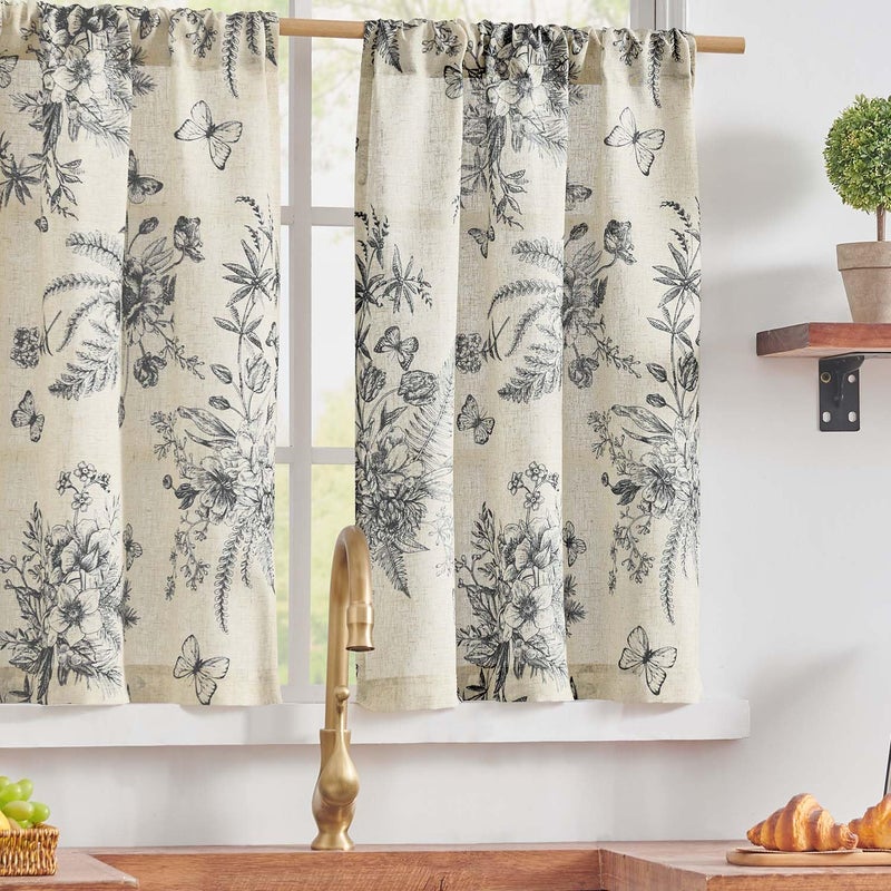 jinchan Half Window Curtains Small Drapes for Kitchen 36 Inch Rustic Floral Tier Curtains Farmhouse Butterfly Cafe Small Window Treatment for Dining Room Bathroom 2 Panels Black on Beige - Image 5