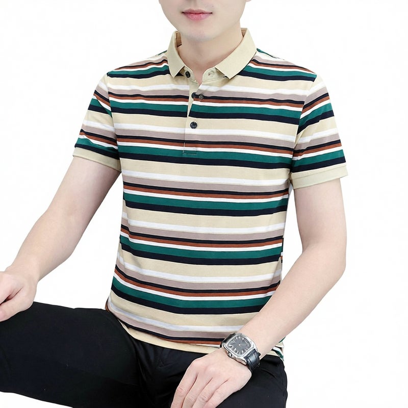 Men's Striped Short Sleeve Polo Shirt Casual Collared Top - Image 1