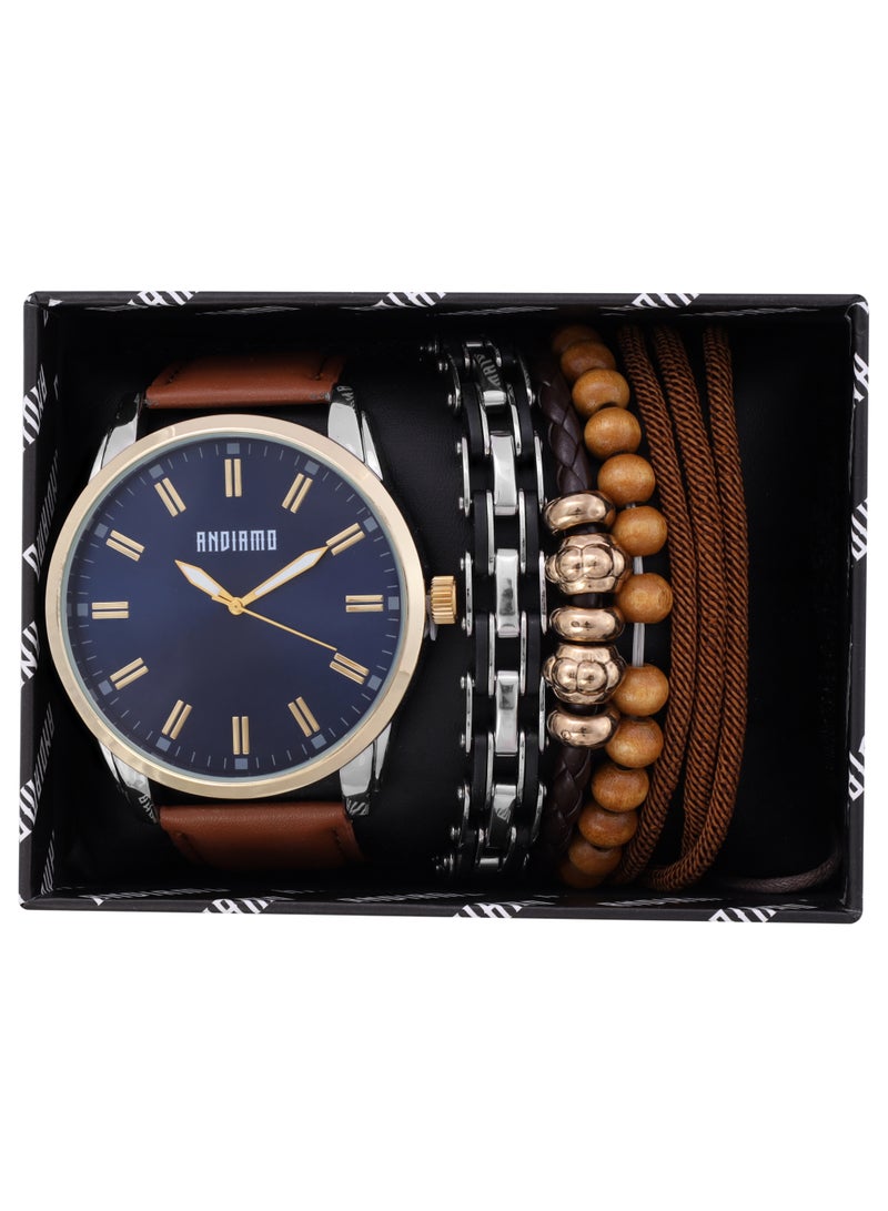 ANDIAMO Men's Analog Gold Case Brown Leather Strap Set Watch 