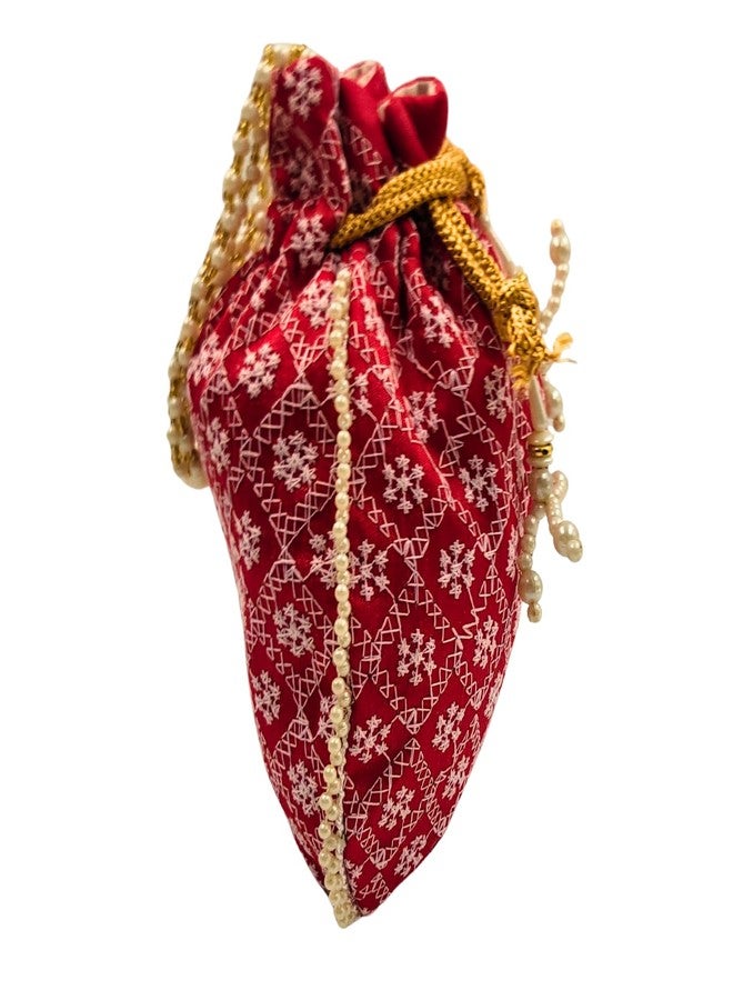exotique Red Embroidered Potli Bag for Women | Designer Silk Potli with Beaded Handle & Tassels | 8"x0.7"x8.5", Strap Drop 4.5 | Wedding, Bridal & Festive Pouch |HW0021RD - Image 3