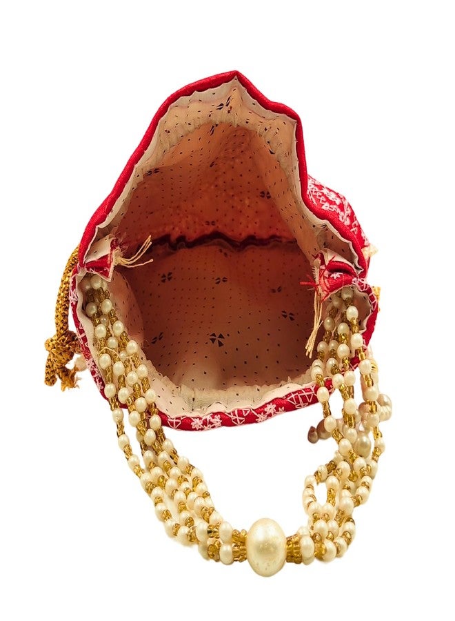 exotique Red Embroidered Potli Bag for Women | Designer Silk Potli with Beaded Handle & Tassels | 8"x0.7"x8.5", Strap Drop 4.5 | Wedding, Bridal & Festive Pouch |HW0021RD - Image 5