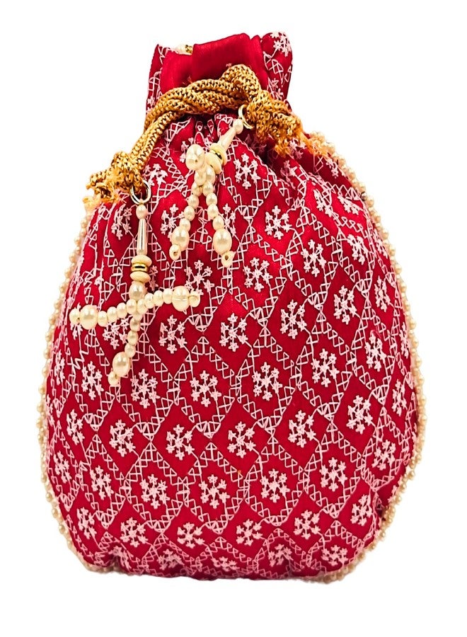 exotique Red Embroidered Potli Bag for Women | Designer Silk Potli with Beaded Handle & Tassels | 8"x0.7"x8.5", Strap Drop 4.5 | Wedding, Bridal & Festive Pouch |HW0021RD - Image 1