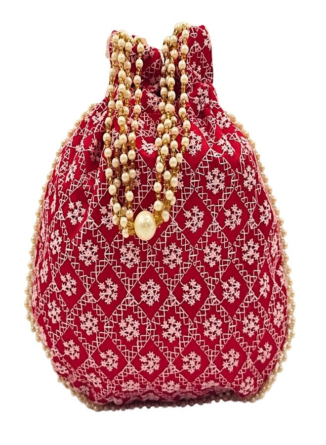 exotique Red Embroidered Potli Bag for Women | Designer Silk Potli with Beaded Handle & Tassels | 8"x0.7"x8.5", Strap Drop 4.5 | Wedding, Bridal & Festive Pouch |HW0021RD - Image 2