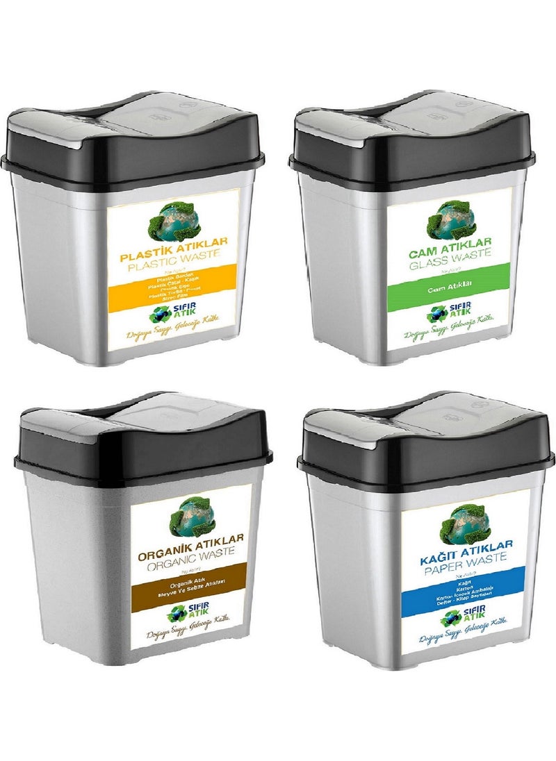 Deembro Zero Waste Bin 35 Lt * 4 Pieces Recycling Bin Plastic Double Cover Paper-Organic-Glass-Plastic  - Image 1