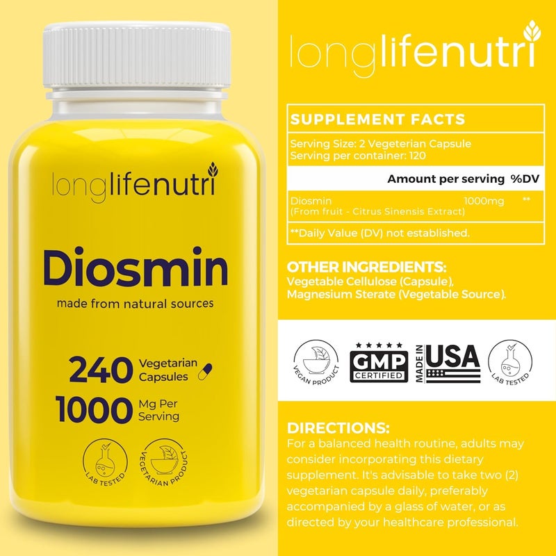 LongLifeNutri Diosmin 1000mg Advanced Formula  240 Capsules for Circulatory Health Support 4Month Supply NonGMO Made in USA  Daily Wellness Supplement - Image 2