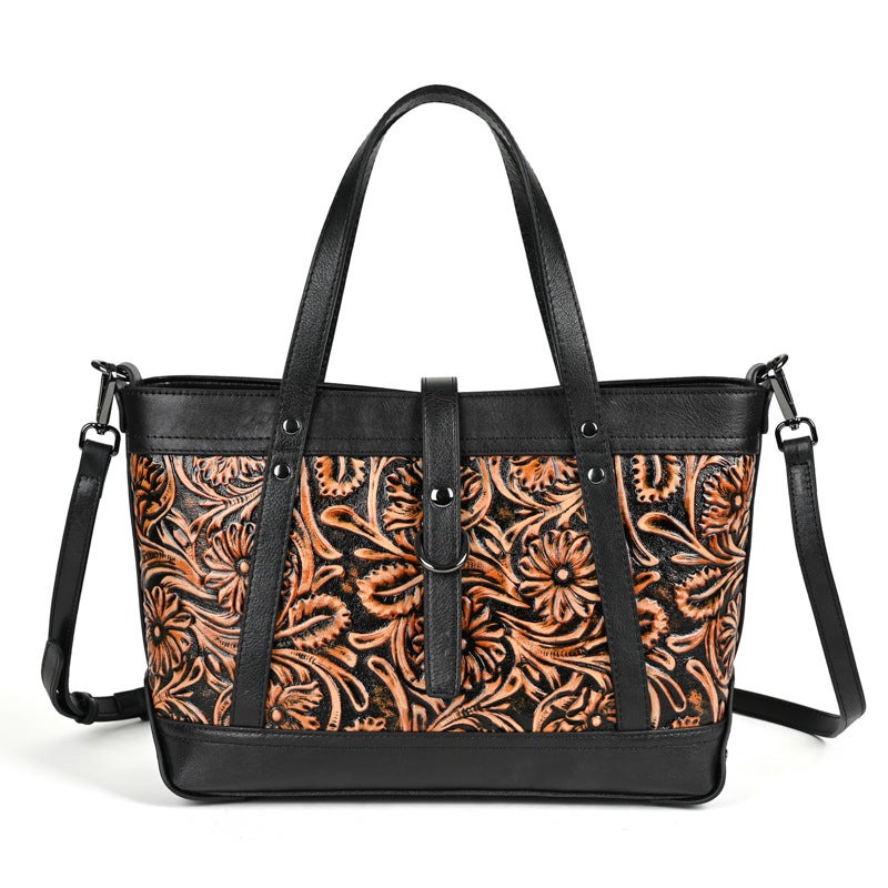 New First Layer Cowhide Vegetable Tanned Leather Hand-Carved Women'S Bag Vintage Handbag Large Capacity Crossbody Tote Bag - Image 1