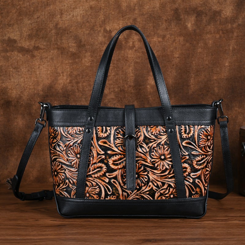 New First Layer Cowhide Vegetable Tanned Leather Hand-Carved Women'S Bag Vintage Handbag Large Capacity Crossbody Tote Bag - Image 3