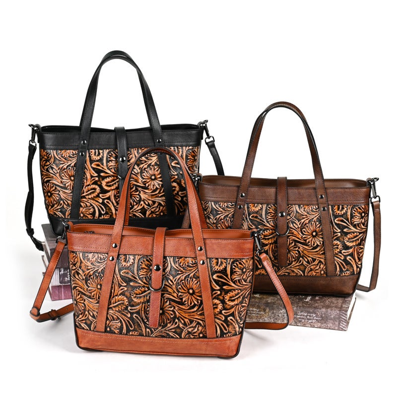 New First Layer Cowhide Vegetable Tanned Leather Hand-Carved Women'S Bag Vintage Handbag Large Capacity Crossbody Tote Bag - Image 5