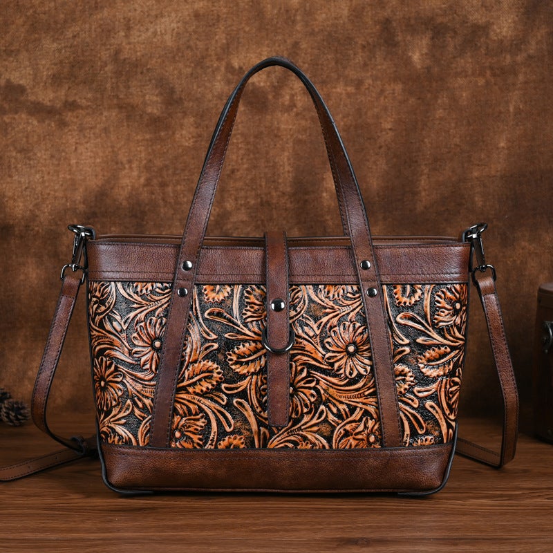 New First Layer Cowhide Vegetable Tanned Leather Hand-Carved Women'S Bag Vintage Handbag Large Capacity Crossbody Tote Bag - Image 4