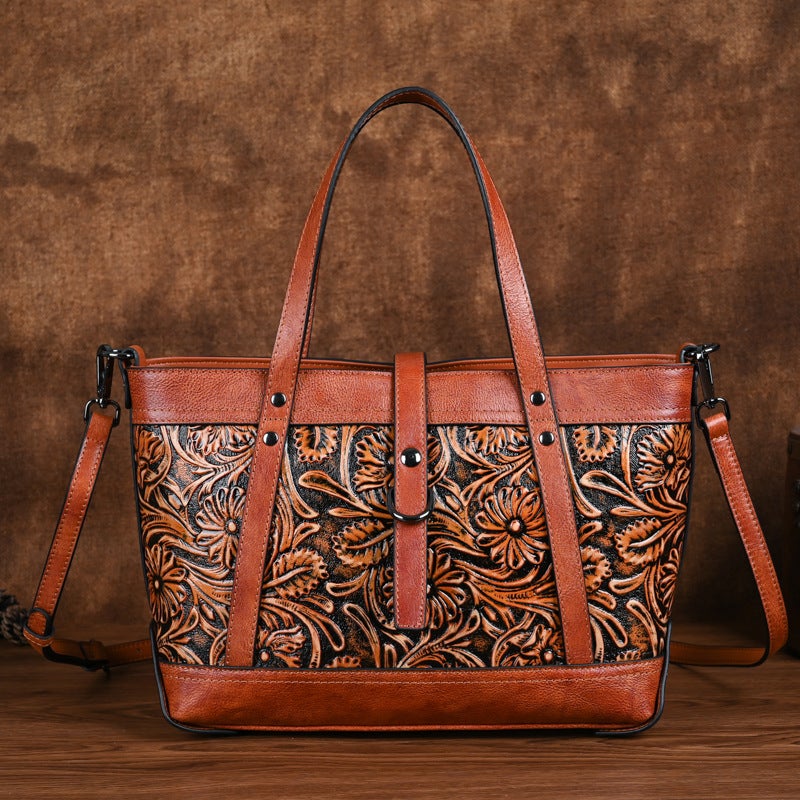 New First Layer Cowhide Vegetable Tanned Leather Hand-Carved Women'S Bag Vintage Handbag Large Capacity Crossbody Tote Bag - Image 2