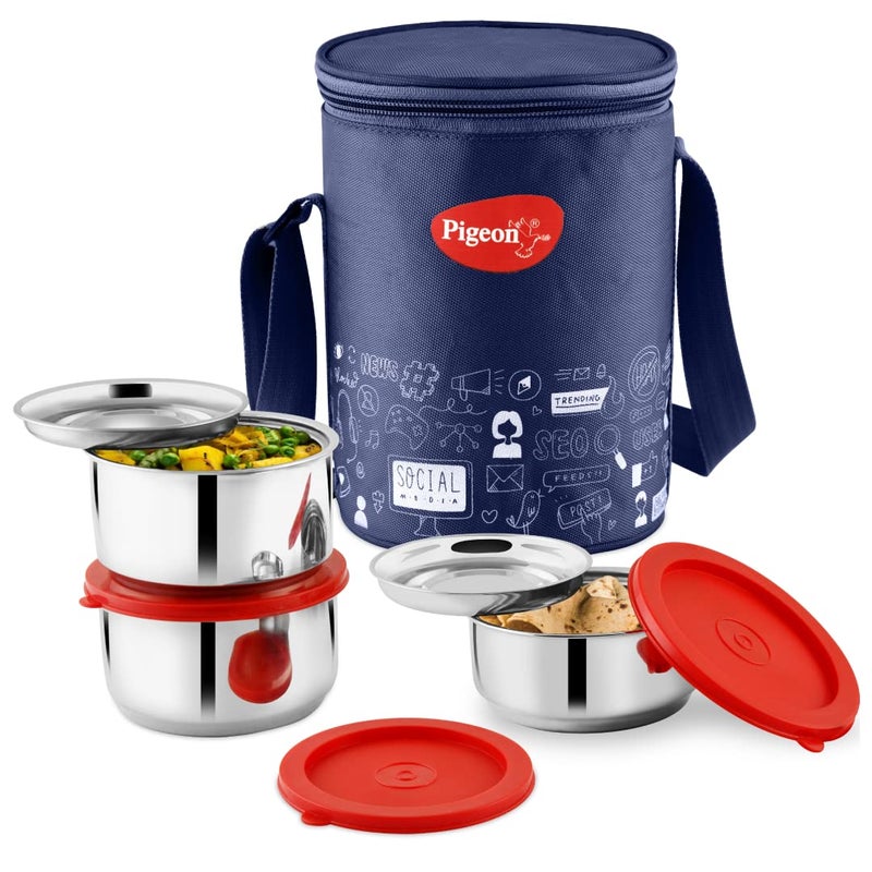 pigeon Pigeon Lunch Box Nutri Fresh Stainless Steel Insulated Tiffin Box | Keeps Food Warm and Fresh| Pack of 3 - Blue (2 Year Warranty)  - Image 1