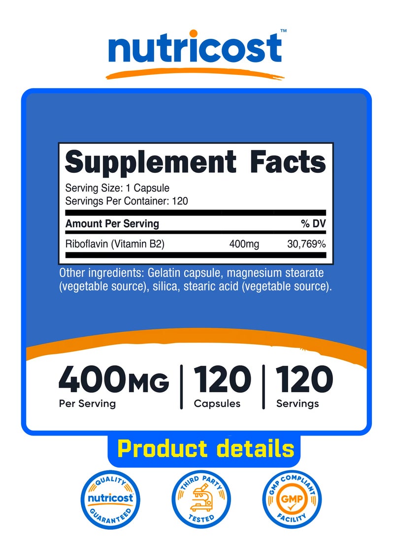 Nutricost Vitamin B2 (Riboflavin) 400mg, 120 Capsules - Image 2