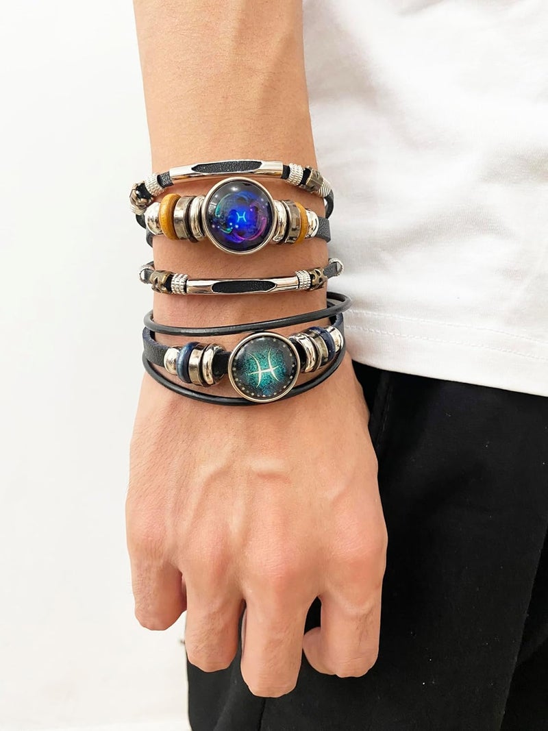 WLL 2Pcs Multilayer Constellation Zodiac Leather Bracelet for Women Men Handmade Woven Zodiac Sign Wrap Wristband Bracelet Couple BFF Birthday Jewelry - Image 2
