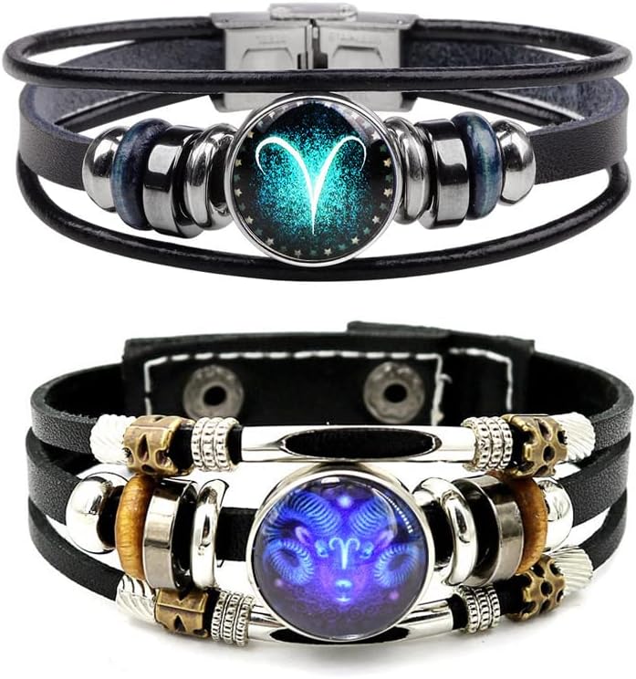 WLL 2Pcs Multilayer Constellation Zodiac Leather Bracelet for Women Men Handmade Woven Zodiac Sign Wrap Wristband Bracelet Couple BFF Birthday Jewelry - Image 1