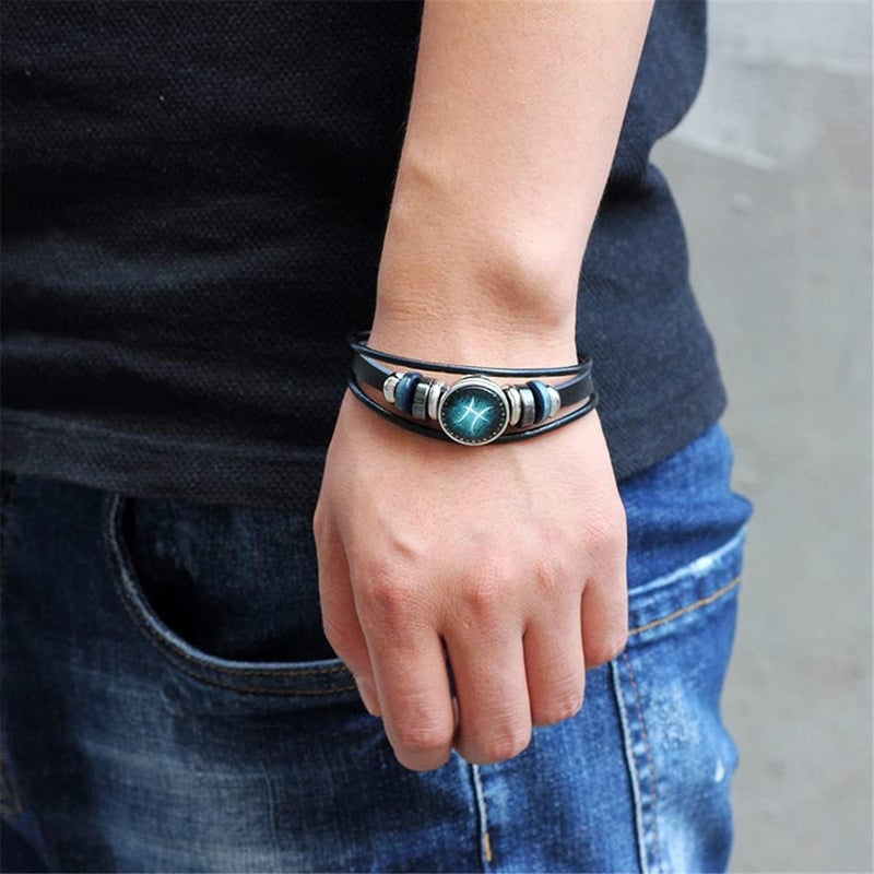 WLL 2Pcs Multilayer Constellation Zodiac Leather Bracelet for Women Men Handmade Woven Zodiac Sign Wrap Wristband Bracelet Couple BFF Birthday Jewelry - Image 3