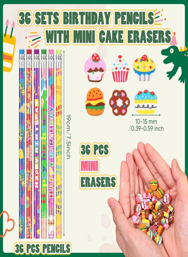 Feifeiya 36 Sets Happy Birthday Pencils with Cake Erasers Bulk Birthday Classroom Gift for Back to School Stationery Set from Teacher for Class Reward Goodies Carnival Events Party Supplies - Image 2