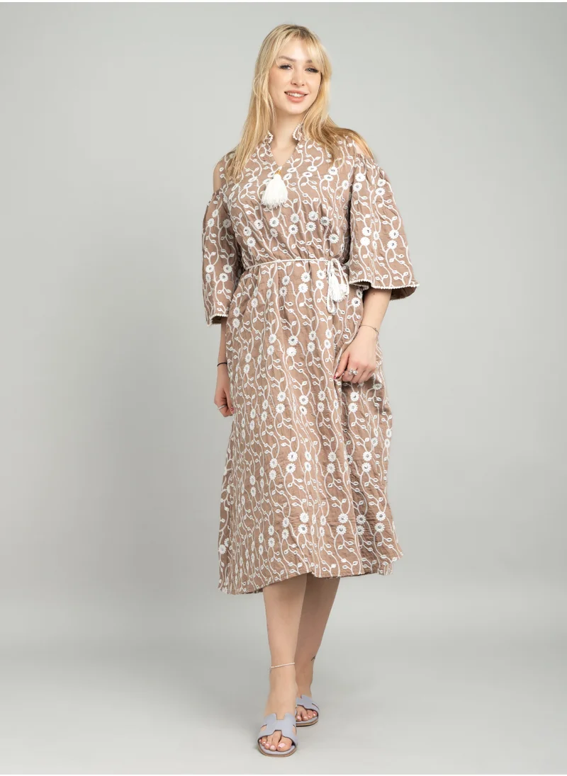IKKXA Modern Embroidered Tie-up Jalabiya CJ1088 Brown