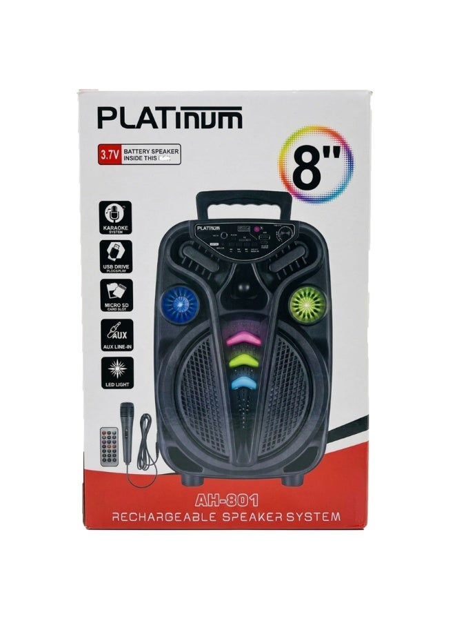 بلاتينيوم مكبر صوت كاريوكي محمول قابل لإعادة الشحن AH-801 مقاس 8 بوصات مزود بإضاءة LED وجهاز تحكم عن بعد، نظام مكبر صوت لاسلكي للحفلات مع تشغيل من محرك أقراص USB، ودعم بطاقة MicroSD، ومدخل AUX، وتوصيل ميكروفون للموسيقى والترفيه - Image 2