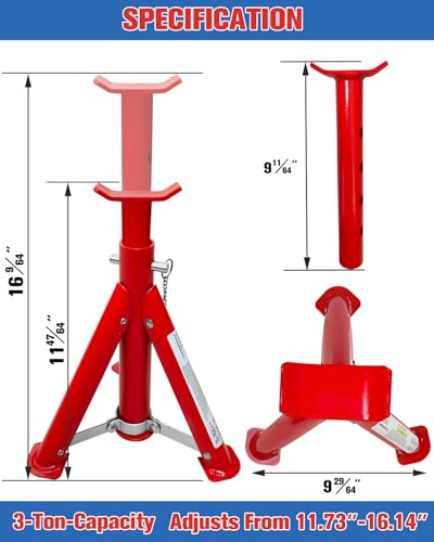 USYATO 3 Ton Foldable Jack Stands (6,600 LBs) - Heavy Duty Car Jack Stand for Trucks&SUV&DIY- Adjustable Height 11.42"-16.06" with Safety Pin - Ideal for Home Garage, Workshops, UTV/ATV - Red, 1 Pair - Image 2