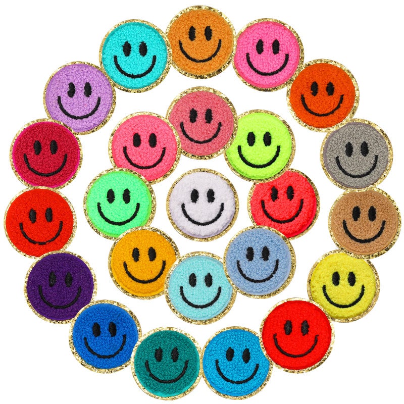 Juinte Juinte 24 Pcs Smile Face Patch Iron on Patches 2 Inch Chenille Cute Preppy Happy Face Patches Glitter Heat Sequins Applique for Backpacks Hats Clothes Jackets Decorative DIY Craft