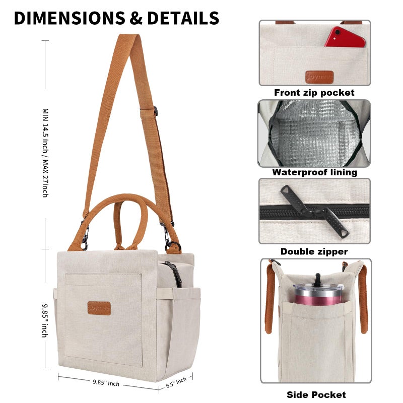 Joymee Lunch Bag Women Insulated Lunch Box With Adjustable Shoulder Strap Large Reusable Leakproof Spacious Cooler Tote For Women Men Adult With Bottle Holder And Side Pockets - Beige - Image 5