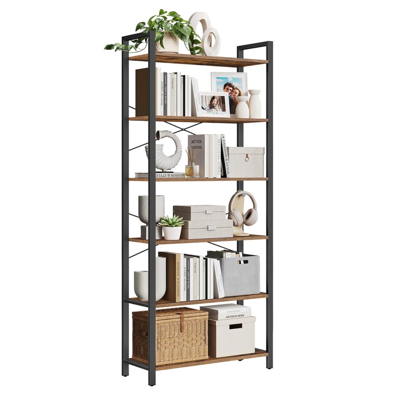 VASAGLE 6Tier Bookshelf Bookcase with Steel Frame Book Shelf for Living Room Home Office Study 118 x 315 x 732 Inches Industrial Style Rustic Brown and Ink Black ULLS082B01