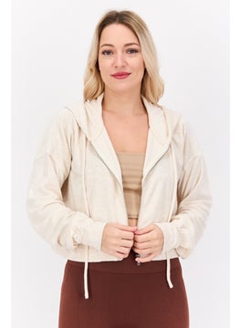 NIA Women Hood Neck Textured Hoodie, Beige  - Image 1