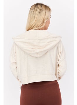 NIA Women Hood Neck Textured Hoodie, Beige  - Image 3