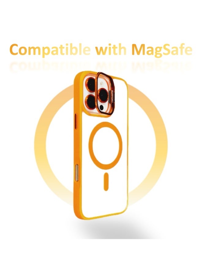 Shockproof Phone Case for iPhone 16 Pro Max, Compatible with MagSafe – Crystal Clear Acrylic Back, Glass Camera Lens Protector & Foldable Kickstand, Anti-Drop TPU Bumper Protective Cover (Orange) - Image 2