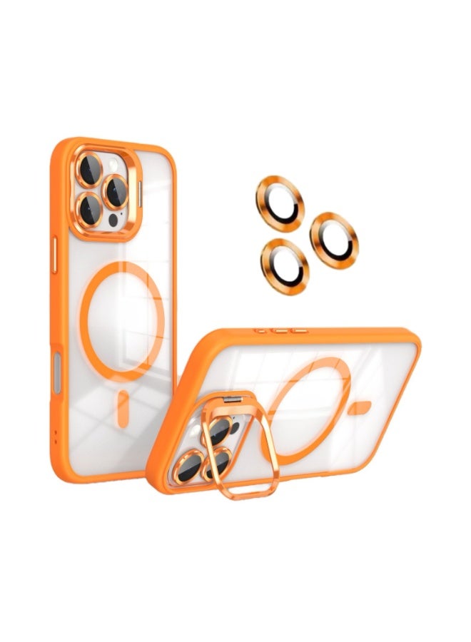 Shockproof Phone Case for iPhone 16 Pro Max, Compatible with MagSafe – Crystal Clear Acrylic Back, Glass Camera Lens Protector & Foldable Kickstand, Anti-Drop TPU Bumper Protective Cover (Orange) - Image 1