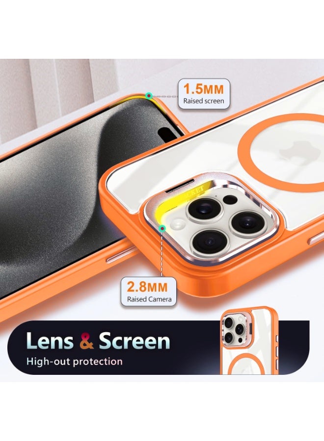 Shockproof Phone Case for iPhone 16 Pro Max, Compatible with MagSafe – Crystal Clear Acrylic Back, Glass Camera Lens Protector & Foldable Kickstand, Anti-Drop TPU Bumper Protective Cover (Orange) - Image 4