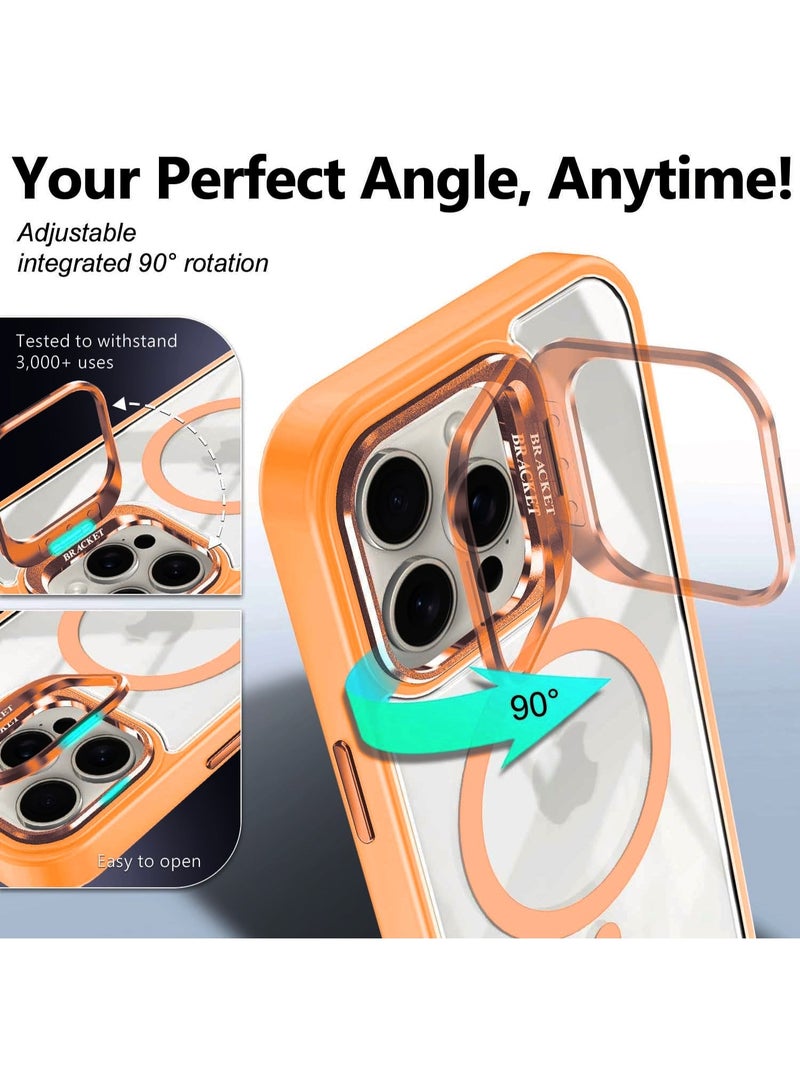 Shockproof Phone Case for iPhone 16 Pro Max, Compatible with MagSafe – Crystal Clear Acrylic Back, Glass Camera Lens Protector & Foldable Kickstand, Anti-Drop TPU Bumper Protective Cover (Orange) - Image 5