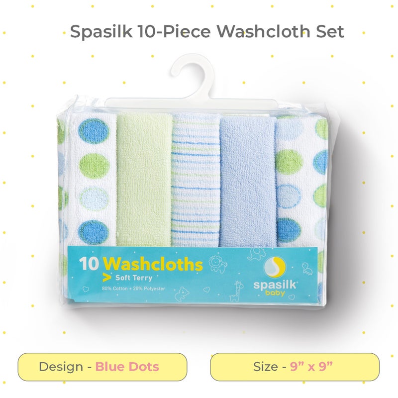Spasilk 10-Piece Washcloth Set for Newborn Boys and Girls, Soft Terry Baby Washcloths, Baby Essentials, Blue Dots - Image 2