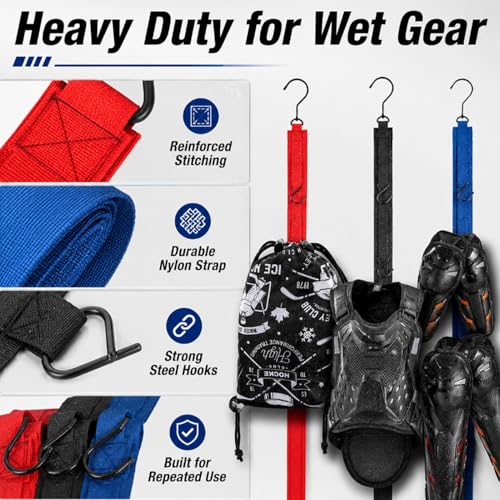 TUYUU 4PCS Hockey Drying Rack Set, 3 Pack Portable Hockey Gear Drying Rack Straps with Storage Bag, 15 Adjustable Hooks Heavy Duty Hockey Equipment Dryer Hanger for Ice Hockey,Sports Gear,Garage - Image 4