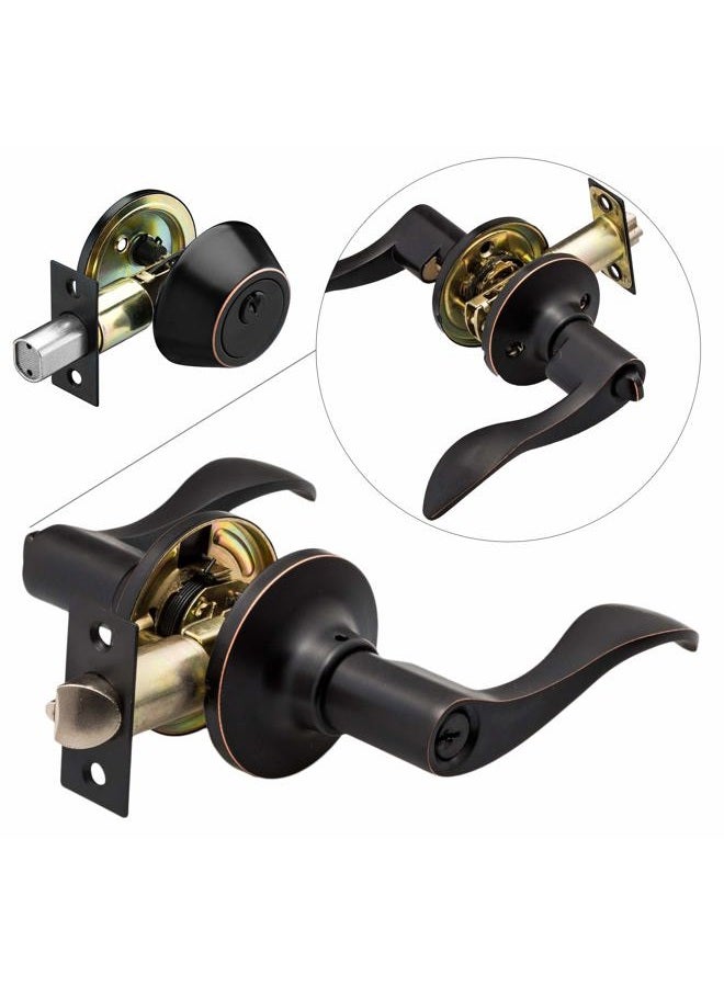 Berlin Modisch Entrance Lever Door Handle (for Office and Front Door) Reversible for Right and Left Side and a Single Cylinder deadbolt Set Keyed Alike Combo Pack - Image 1