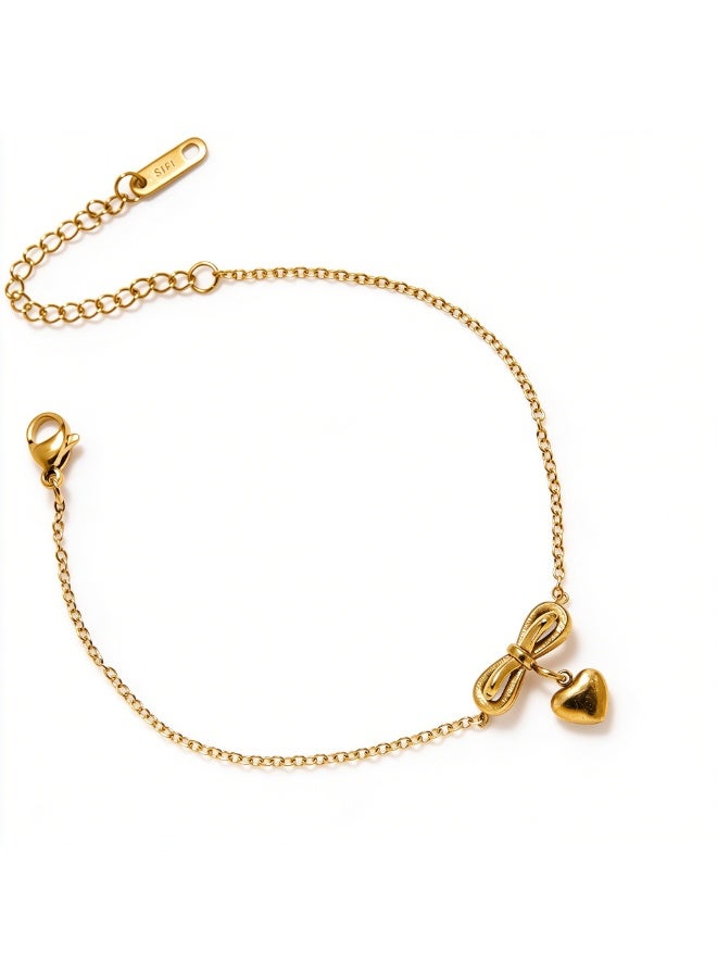 XIXI Gold Stainless Steel Minimalist Bowknot Dangle Heart Charm Anklet - Image 2