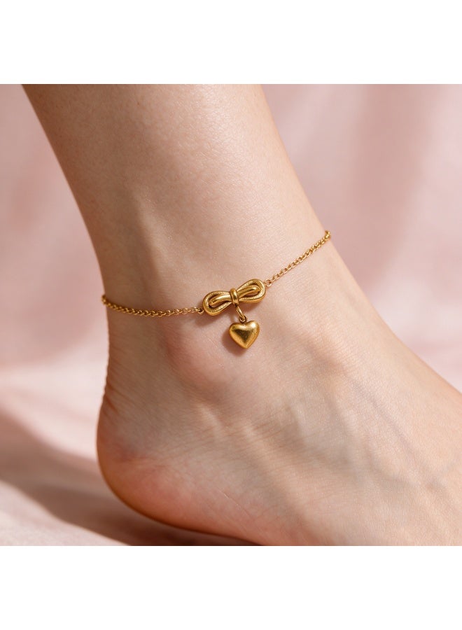 XIXI Gold Stainless Steel Minimalist Bowknot Dangle Heart Charm Anklet - Image 3