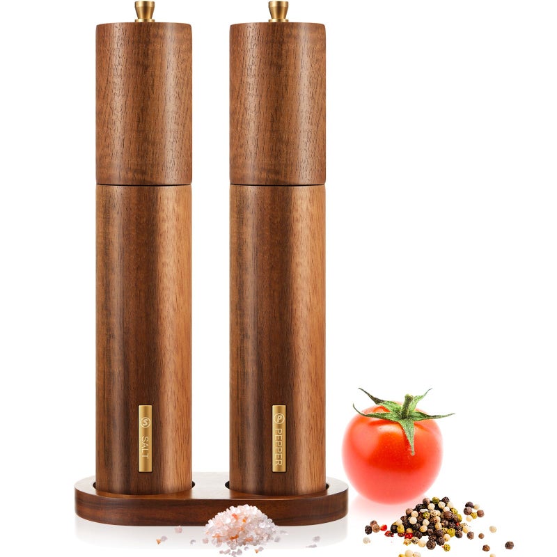 LOYIM Wooden Salt and Pepper Grinder Set 10 Inch Manual Salt and Pepper Mill with Tray Adjustable Coarseness Refillable Wood Grinders with Gold Bottle Label for Kitchen(Wood Color) - Image 1